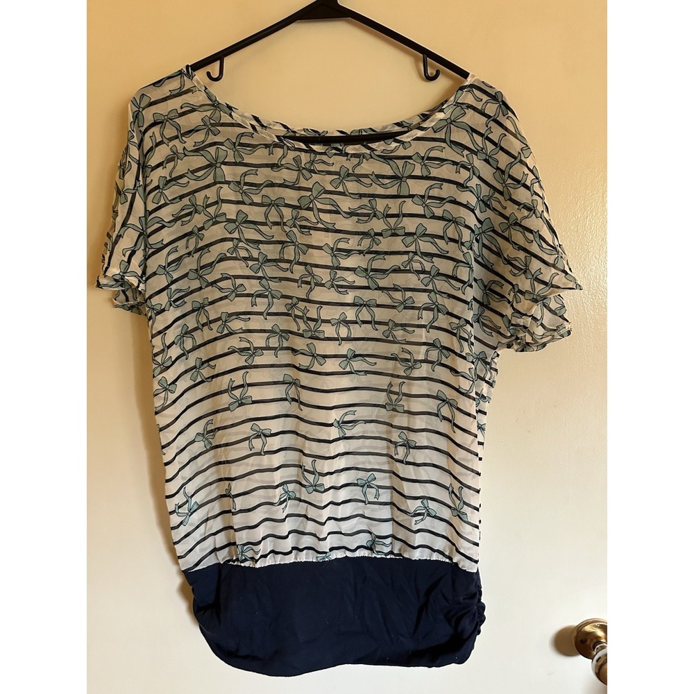 Women's Sheer Blouse Size Medium Bow Design Capped Sleeves Ruched Base New W/Tag